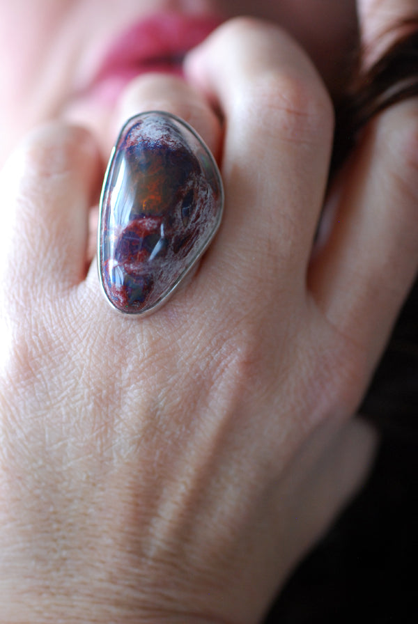 Raw Black Rainbow Fire Opal Statement Ring