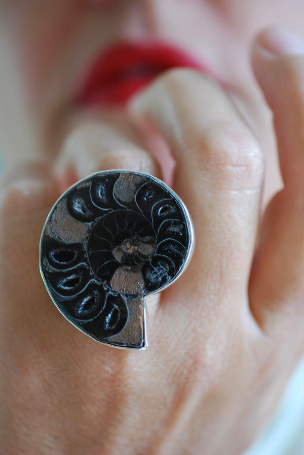 Dollybird By The Sea Ring Black Crystal Drusy Ammonite