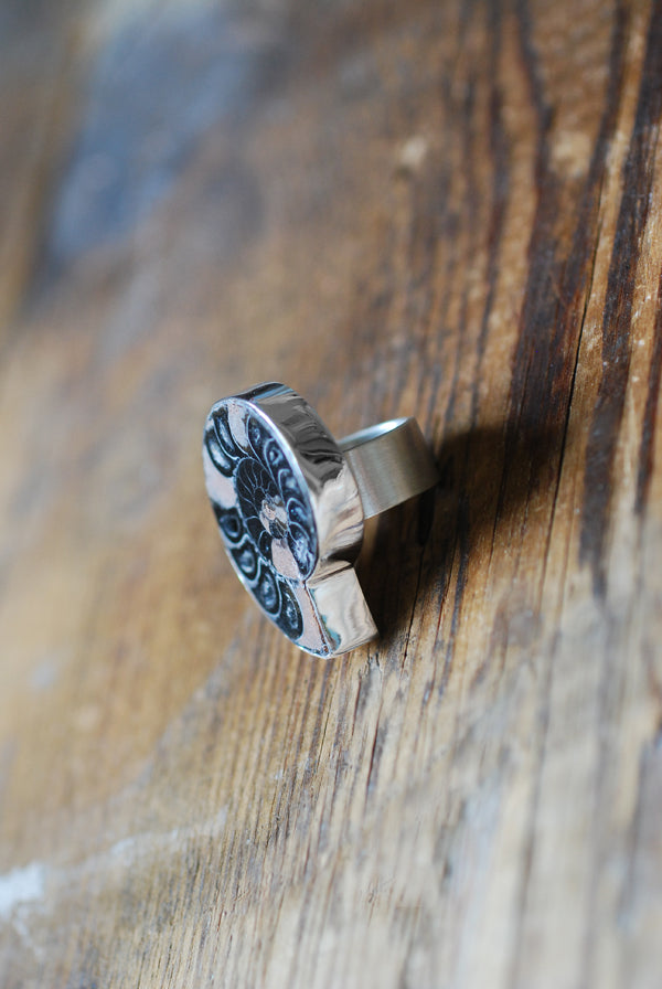 Dollybird By The Sea Ring Black Crystal Drusy Ammonite