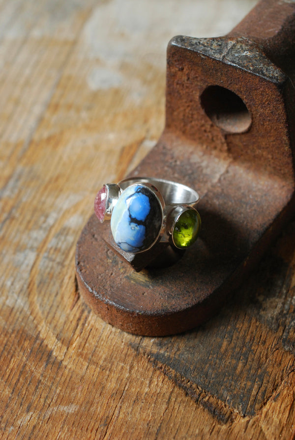 Lavender Turquoise, Pink Tourmaline And Peridot Cloister Ring