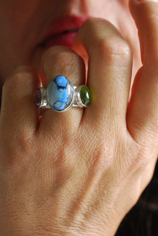 Lavender Turquoise, Pink Tourmaline And Peridot Cloister Ring