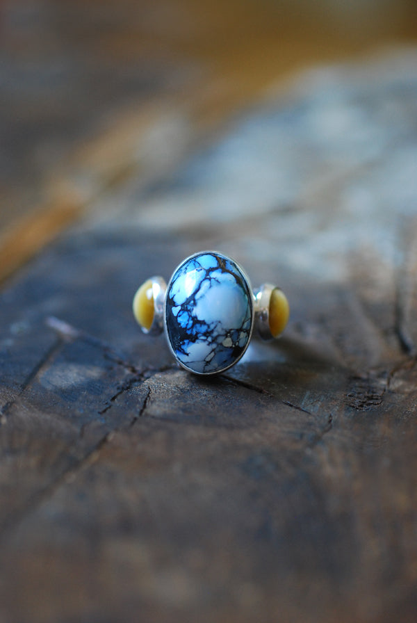 Sun And Sky Cloister Ring Golden Hills Turquoise And Cats Eye Chrysoberyl