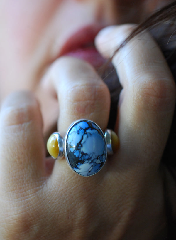 Sun And Sky Cloister Ring Golden Hills Turquoise And Cats Eye Chrysoberyl