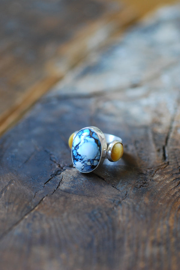 Sun And Sky Cloister Ring Golden Hills Turquoise And Cats Eye Chrysoberyl