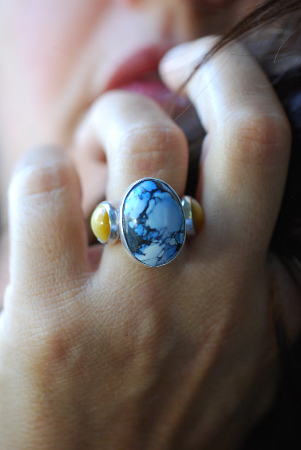 Sun And Sky Cloister Ring Golden Hills Turquoise And Cats Eye Chrysoberyl