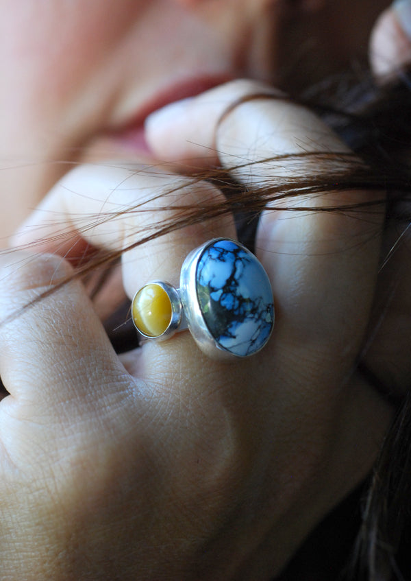 Sun And Sky Cloister Ring Golden Hills Turquoise And Cats Eye Chrysoberyl