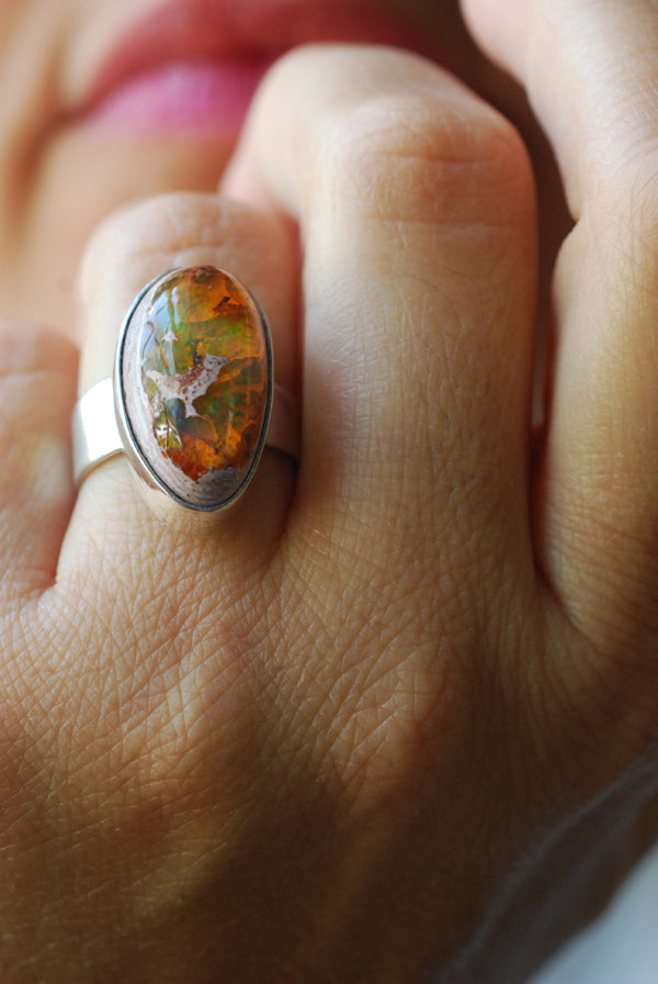 Inner Light Ring Raw Orange Green Rainbow Fire Opal