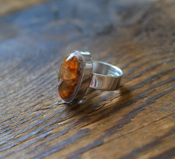 Inner Light Ring Raw Orange Green Rainbow Fire Opal