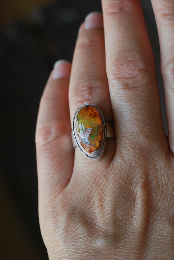 Inner Light Ring Raw Orange Green Rainbow Fire Opal