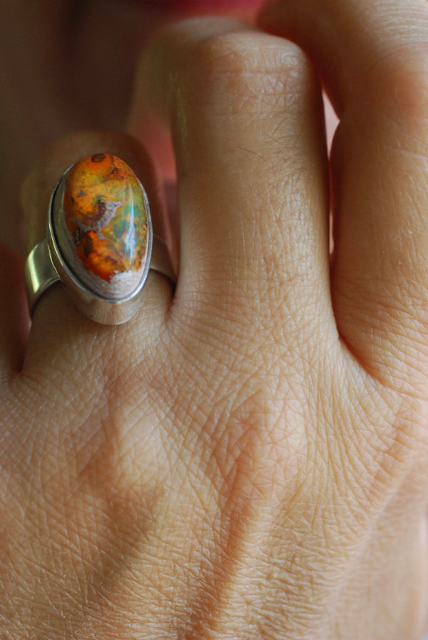 Inner Light Ring Raw Orange Green Rainbow Fire Opal