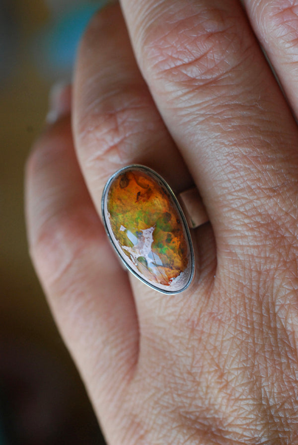 Inner Light Ring Raw Orange Green Rainbow Fire Opal