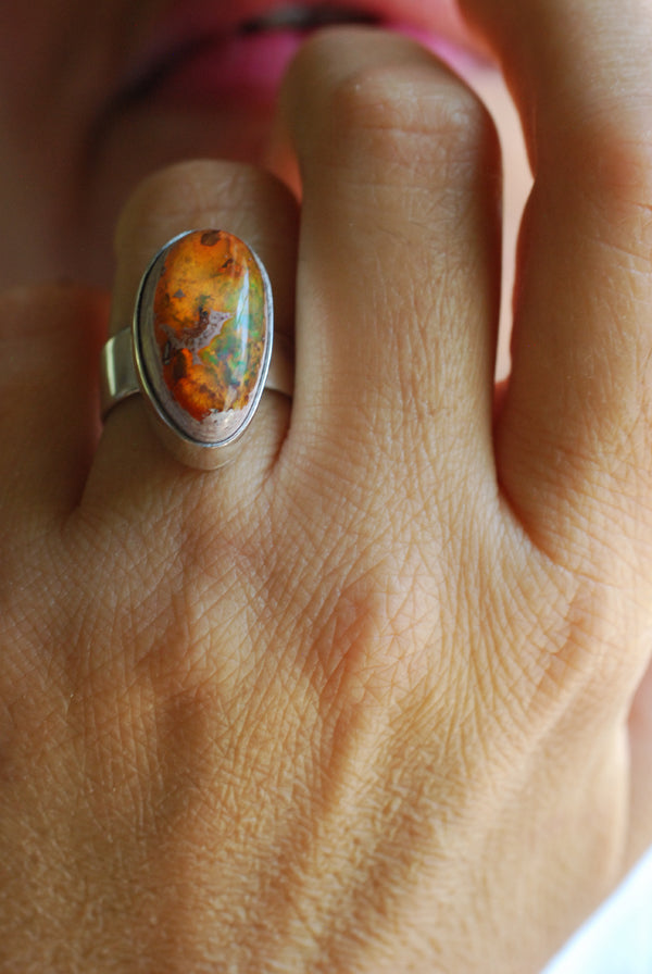 Inner Light Ring Raw Orange Green Rainbow Fire Opal