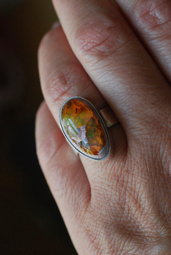 Inner Light Ring Raw Orange Green Rainbow Fire Opal