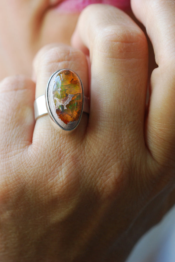 Inner Light Ring Raw Orange Green Rainbow Fire Opal
