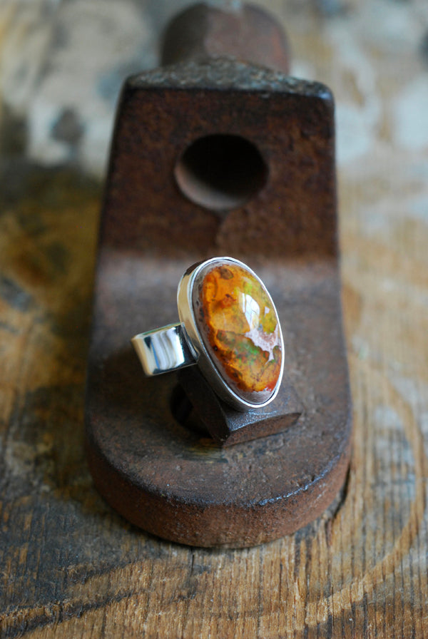 Inner Light Ring Raw Orange Green Rainbow Fire Opal