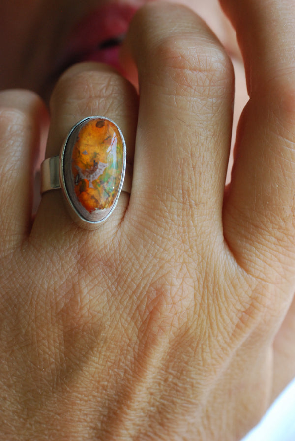 Inner Light Ring Raw Orange Green Rainbow Fire Opal