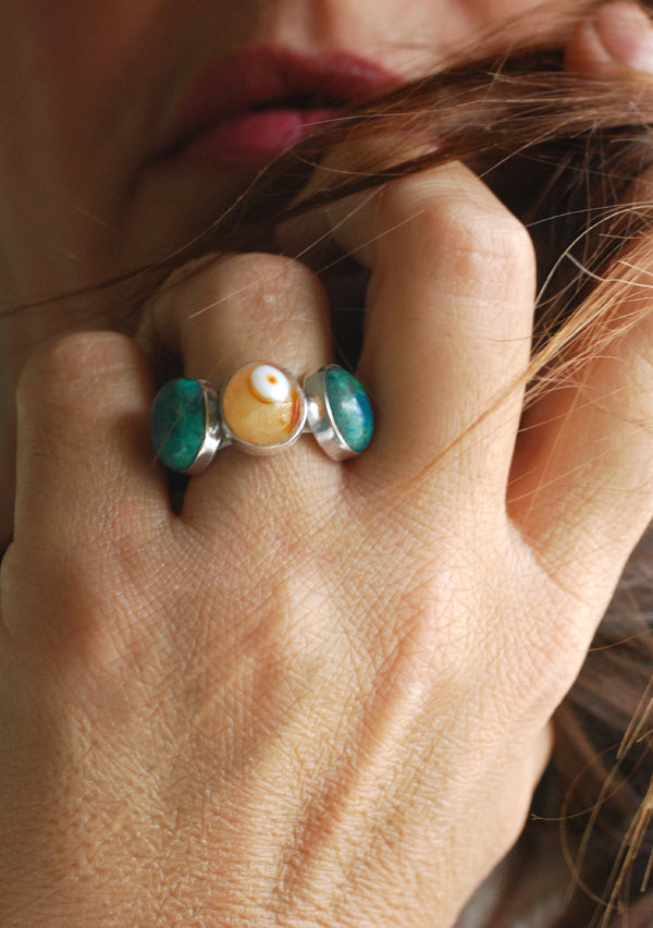 Dollybird Lucky Agate Eye And Chrysocolla Ring
