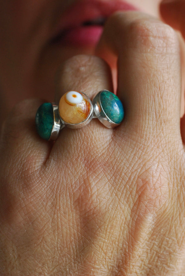 Dollybird Lucky Agate Eye And Chrysocolla Ring
