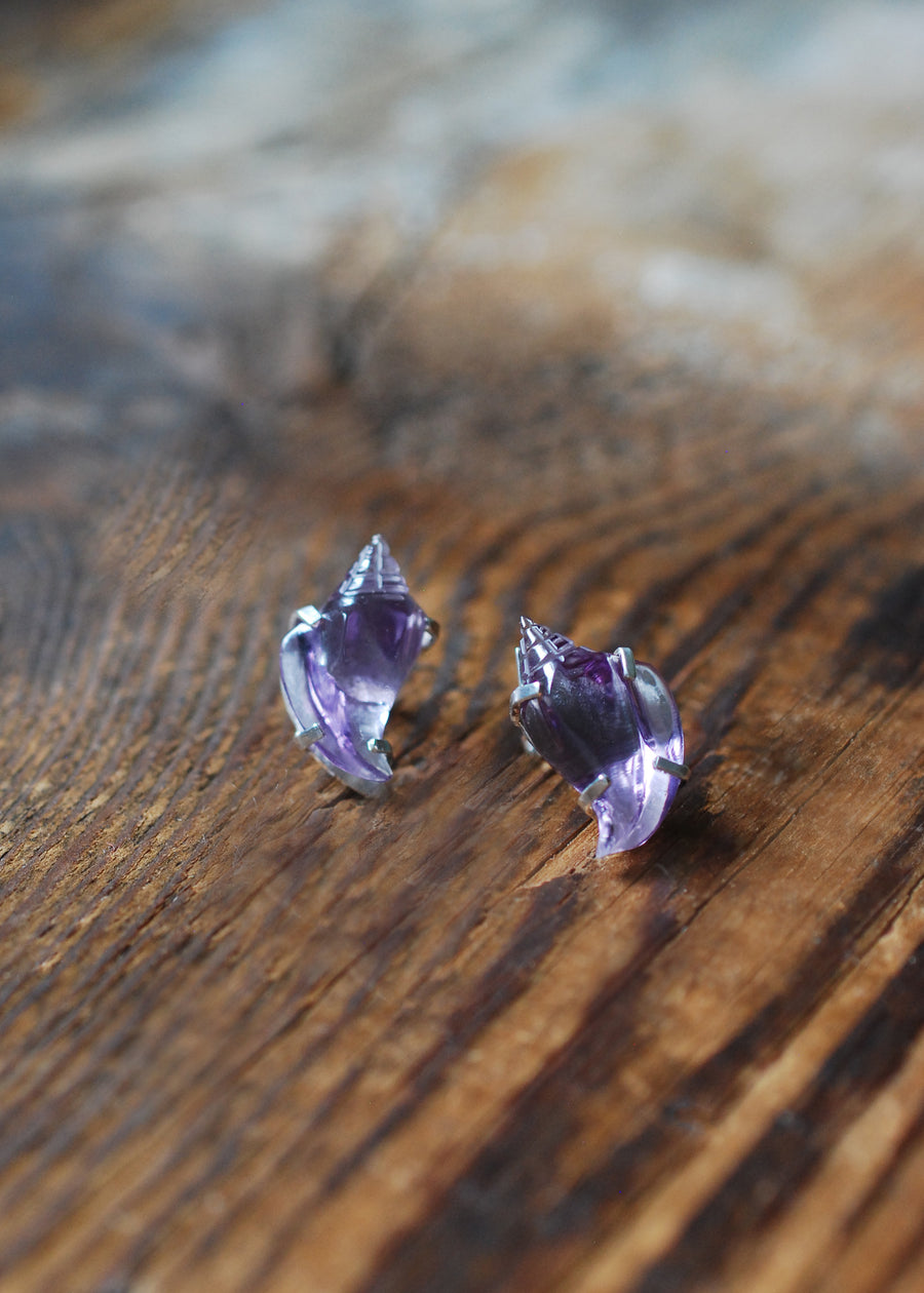 Sea Siren Gem Studs Hand Carved Amethyst Shells