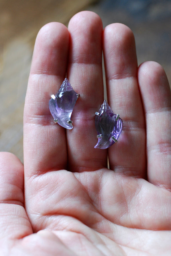 Sea Siren Gem Studs Hand Carved Amethyst Shells