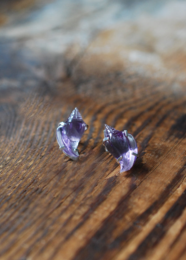 Sea Siren Gem Studs Hand Carved Amethyst Shells