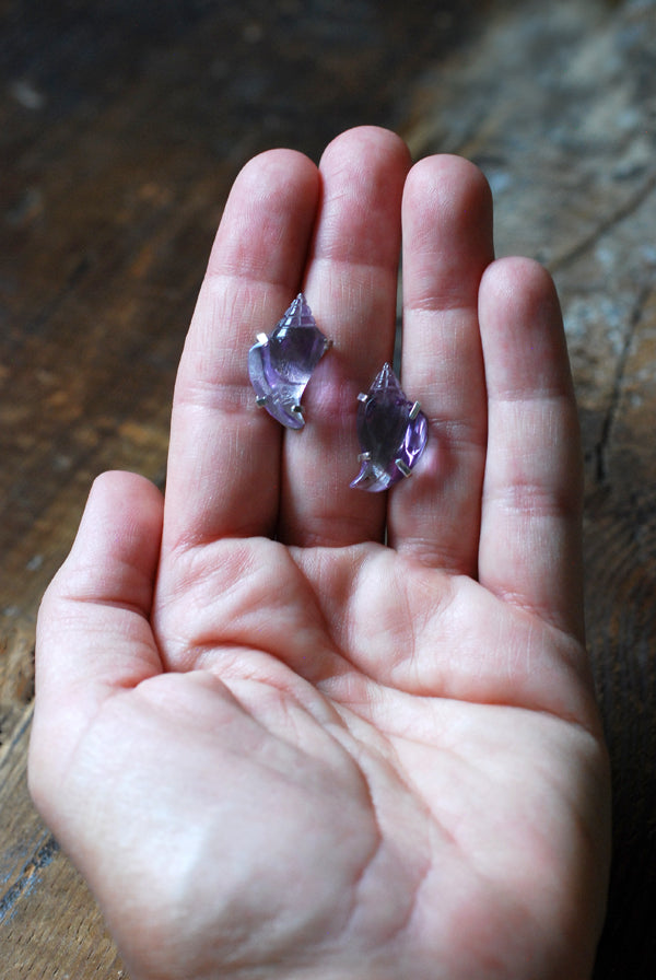 Sea Siren Gem Studs Hand Carved Amethyst Shells