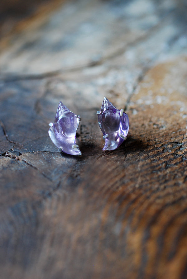 Sea Siren Gem Studs Hand Carved Amethyst Shells