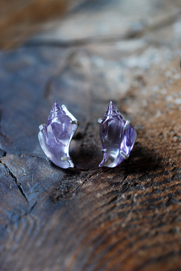 Sea Siren Gem Studs Hand Carved Amethyst Shells