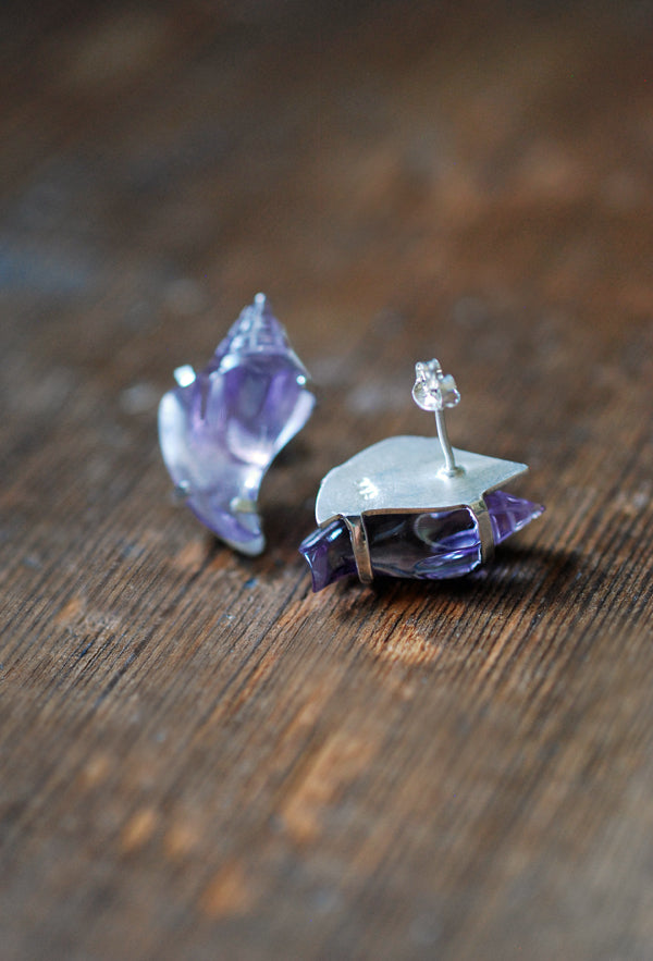 Sea Siren Gem Studs Hand Carved Amethyst Shells
