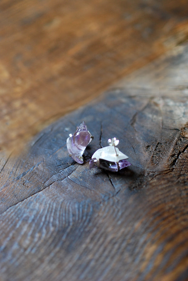 Sea Siren Gem Studs Hand Carved Amethyst Shells