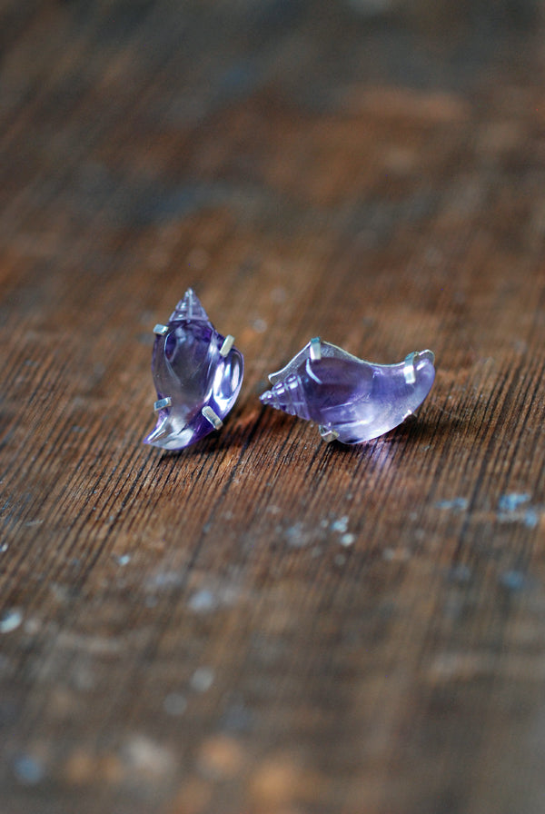 Sea Siren Gem Studs Hand Carved Amethyst Shells