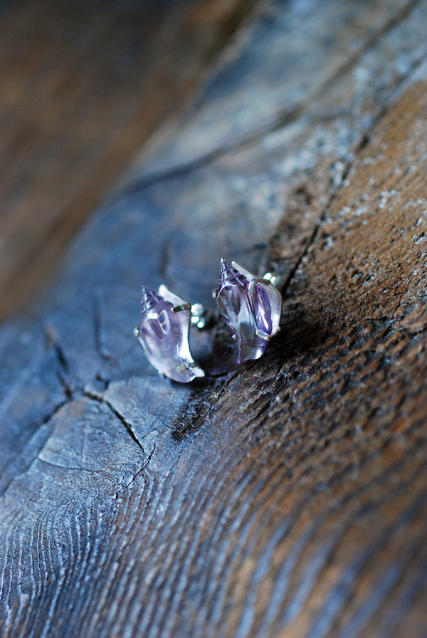 Sea Siren Gem Studs Hand Carved Amethyst Shells