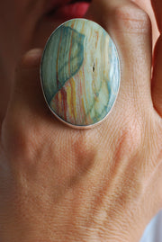 Sierra Verde Ring Rainbow Green Petrified Wood