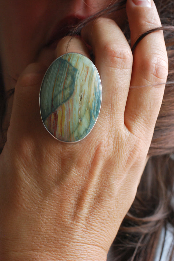 Sierra Verde Ring Rainbow Green Petrified Wood
