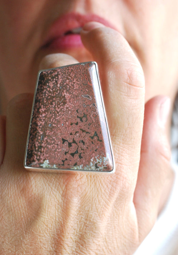 Old Stock Pink Ocean Jasper Statement Ring Tiny Floating Orbs