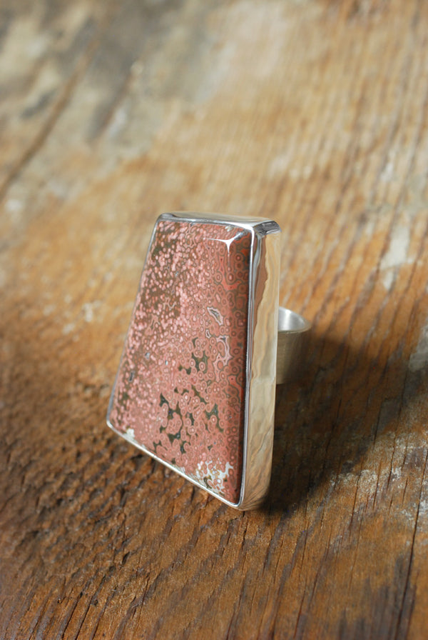 Old Stock Pink Ocean Jasper Statement Ring Tiny Floating Orbs