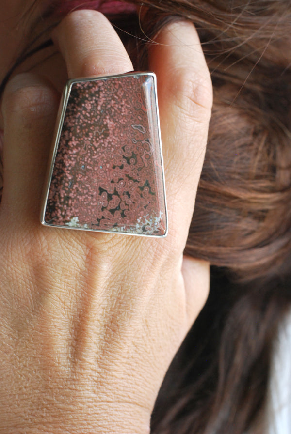 Old Stock Pink Ocean Jasper Statement Ring Tiny Floating Orbs