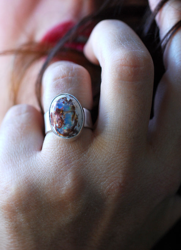 Holiday Lights Rainbow Fire Opal Ring Raw Opal