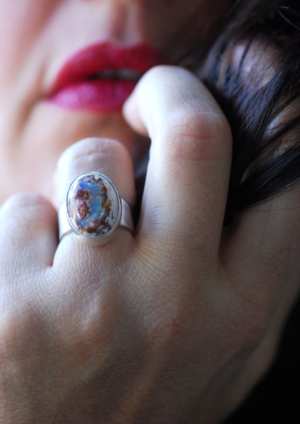 Holiday Lights Rainbow Fire Opal Ring Raw Opal