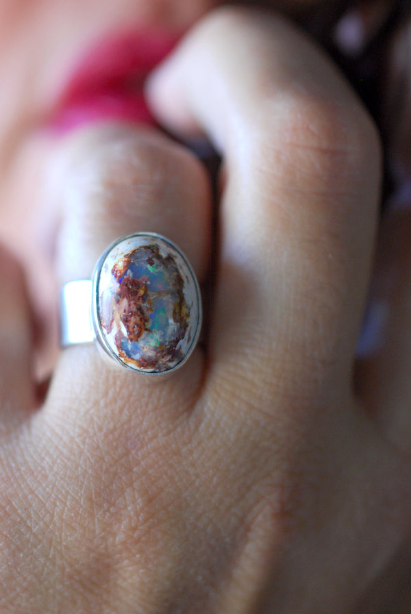 Holiday Lights Rainbow Fire Opal Ring Raw Opal