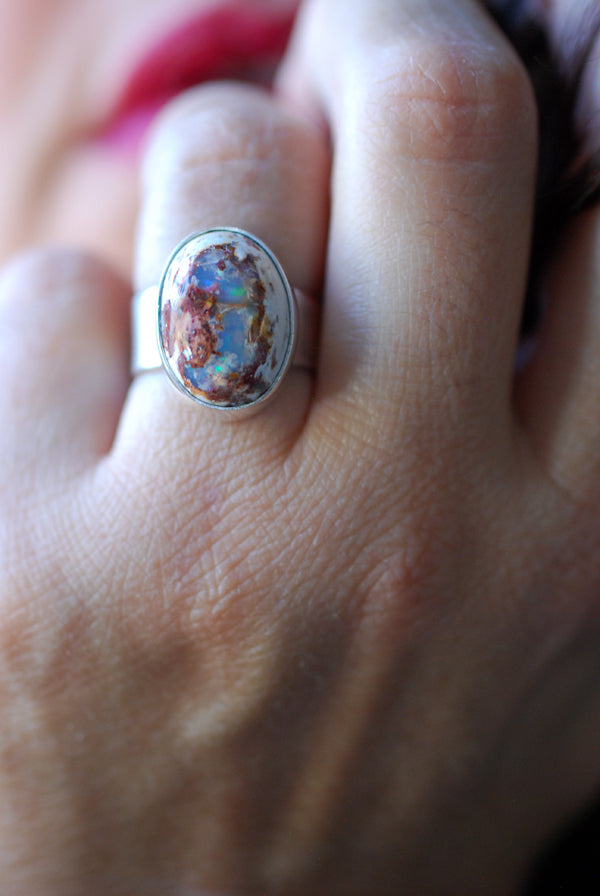 Holiday Lights Rainbow Fire Opal Ring Raw Opal