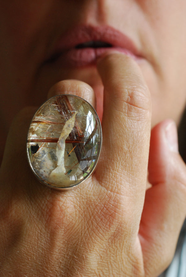 Gem Copper Red Rutilated Crystal Quartz Statement Ring