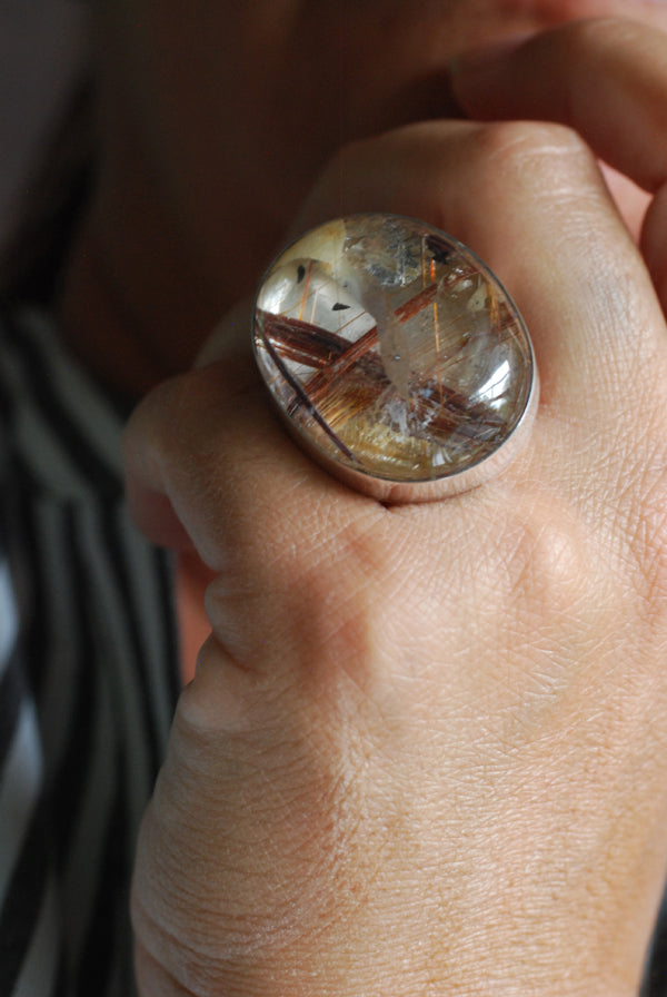 Gem Copper Red Rutilated Crystal Quartz Statement Ring