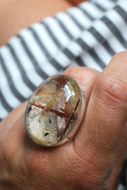 Gem Copper Red Rutilated Crystal Quartz Statement Ring