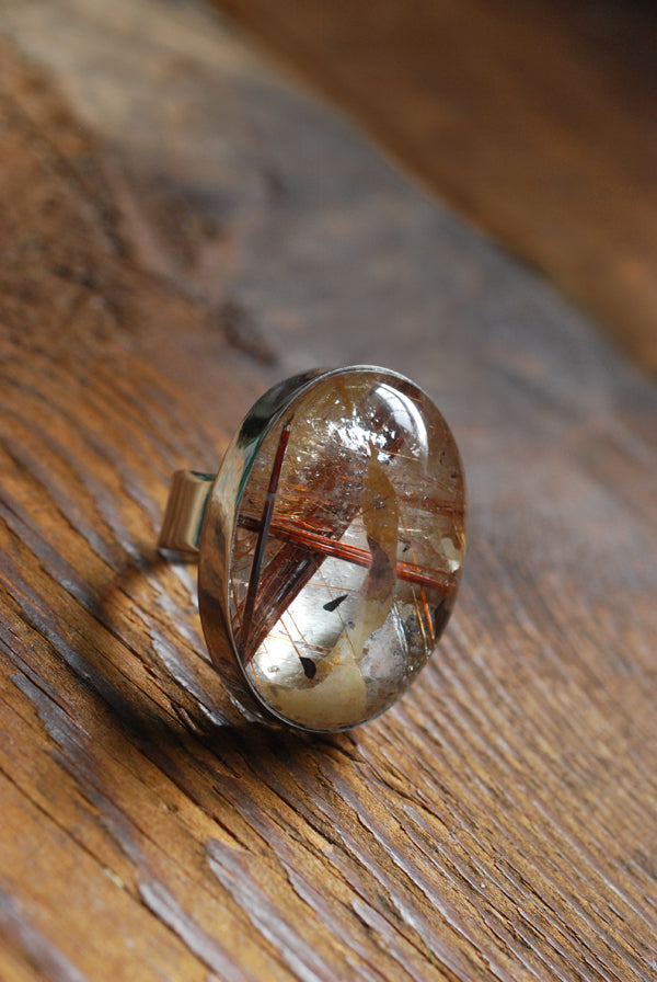 Gem Copper Red Rutilated Crystal Quartz Statement Ring