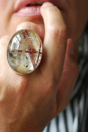 Gem Copper Red Rutilated Crystal Quartz Statement Ring