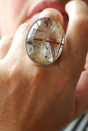 Gem Copper Red Rutilated Crystal Quartz Statement Ring