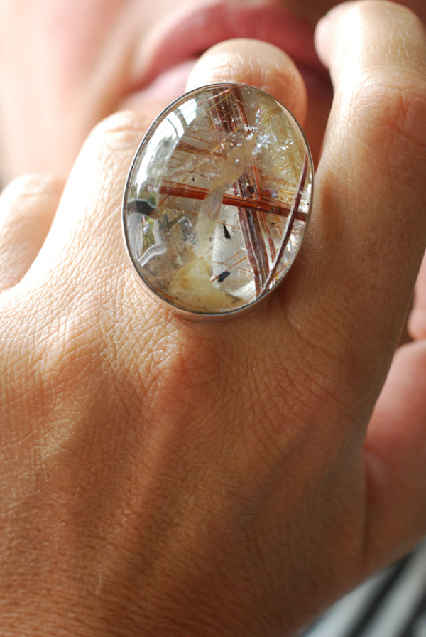 Gem Copper Red Rutilated Crystal Quartz Statement Ring