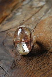 Gem Copper Red Rutilated Crystal Quartz Statement Ring