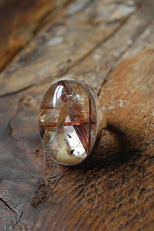 Gem Copper Red Rutilated Crystal Quartz Statement Ring